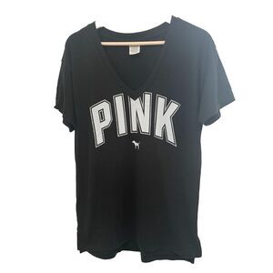 PINK Victorias Secret T-Shirt Womens Small Black Boyfriend V-Neck Oversized Cute